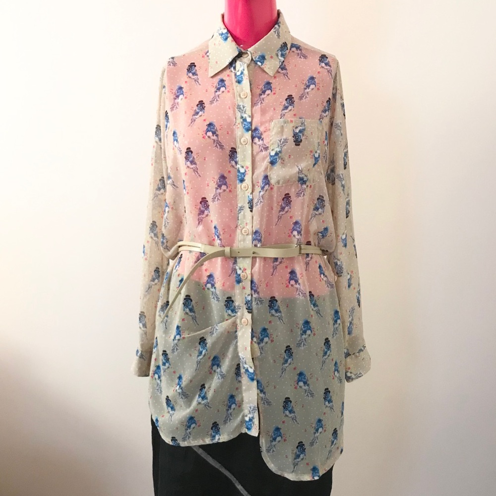 Pinkyotto Bird Pattern Asymmetrical Button Blouse - image 1